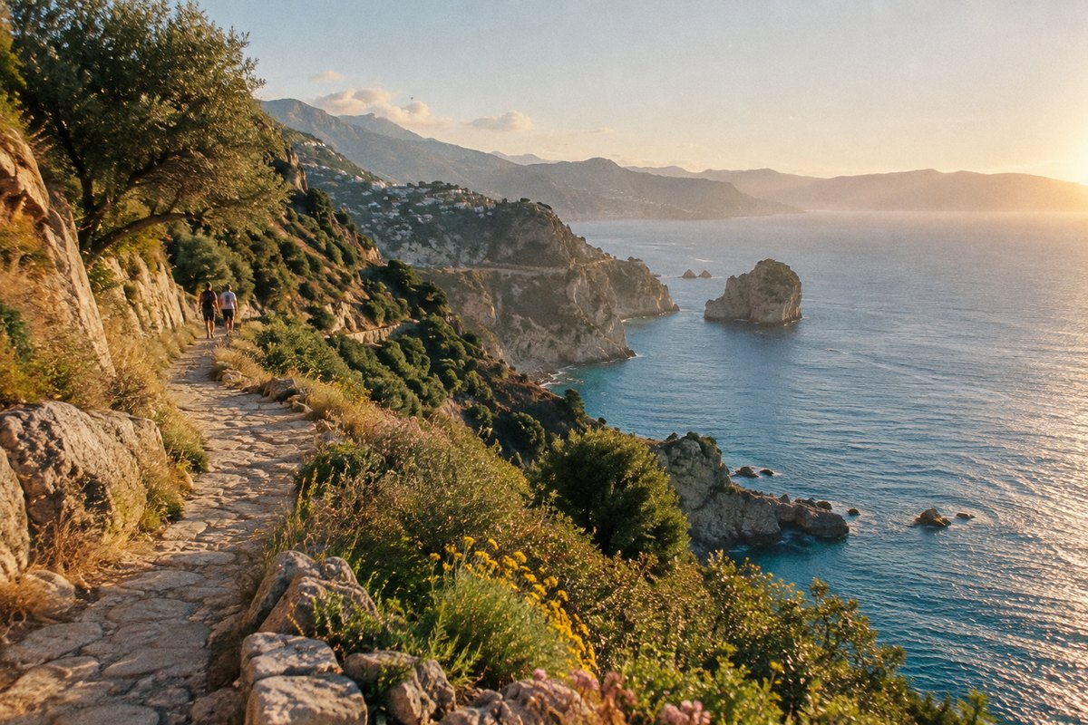 A sunlit walking path above the sea